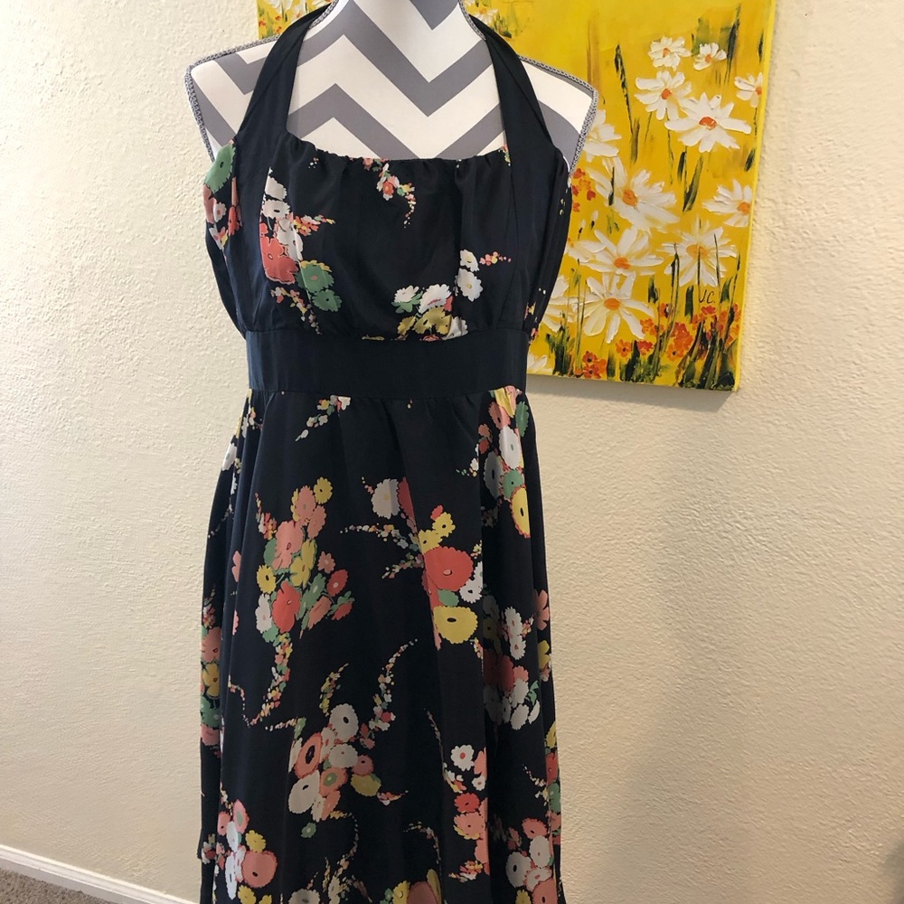 Black floral silk halter dress